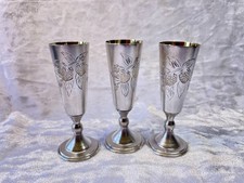 Set Of 3 Antique VTG Russian 875 Silver Flower & Landscape Vodka Cups Sterling  picture