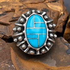 Leonard Marian Nez Signed Navajo Sterling Silver Sleeping Beauty Turquoise Ring picture