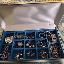 Vintage Mele Blue Scroll Jewelry Box Lot Estate Costume Rings Necklaces Earrings picture