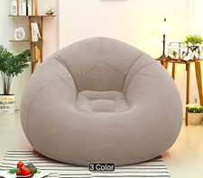 Inflatable Sofa Chair Beige Flocked PVC Round Bean Bag Style 41.3in 160lb picture