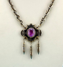Vintage Lavalier Necklace Victorian Style Silver Tone Purple Amethyst Stone READ picture