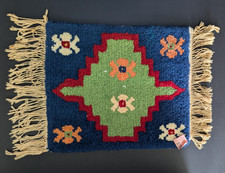 Vtg Small Hand Woven Turkish Rug Square with Fringe - 14