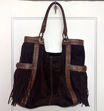 Adrienne Vittadini Brown Fringe Shoulder Bag Zip Lined Pockets Gold Hardware picture