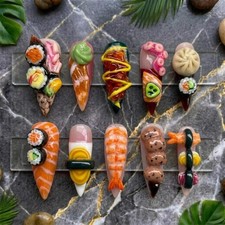 Handmade 3D Sushi Shrimp Dumpling Wasabi Food Long Stiletto Press on Nails Set picture