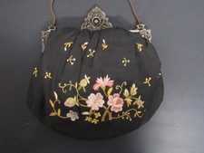 Antique 1920s Black Embroidered Evening Purse Filigree Frame Mirror Chain picture