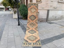 Salmon Oushak Runner Rug 2.6x11.8 ft Vintage Turkish Wool Medallion Carpet picture