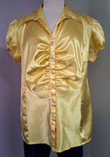 CATO Satin Yellow Ruched Top w/Rhinestone Buttons~Short Sleeves~Collared~SZ LG picture