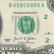 2021 $2 Two Dollar Bill Binary Radar Fancy Serial Number 0s 8s Janet Yellen picture