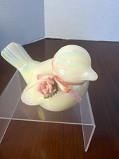 Fenton Iridescent Art Glass Bird Figurine, White with Pink Ribbon & Rose 3”.  picture