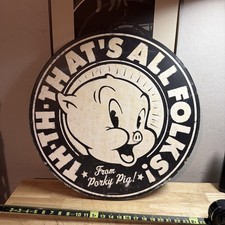 VINTAGE LOONEY TUNES WOOD 23”x23” ROUND PORKY PIG SIGN picture