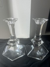 Pair VTG Val St. Lambert Elysee Crystal Candlesticks Signed Belgian Modernist picture