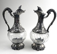Magnificent Pair French Solid Silver Wine Ewers 19th C picture