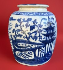 19th Century Chinese Blue White Lidded Ginger Jar Fishermen Pagoda Qing Dynasty picture