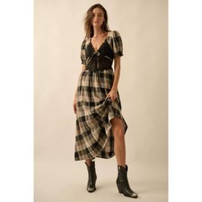 Promesa Dress Womens S True Country Plaid Black Beige Lace Puff Sleeve Midi NWT picture