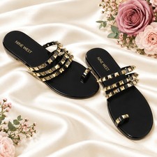 Nine West Centy Black Studded Toe Loop Flat Sandals Size 6 NIB Rockstud Jelly picture