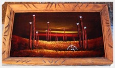 Vtg Framed DESERT CACTUS w/ WAGONWHEEL Black Velvet Painting MEXICO 22.5 x 13.75 picture