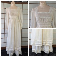 Vintage Prairie Gunne Style Cream Voile Maxi Dress Boho Wedding Square Neck 70s picture