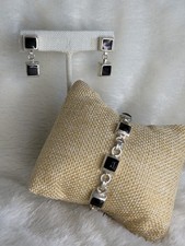 Retired Silpada .925 Silver Square Black Onyx Bracelet B0568 & Earrings P0187 picture