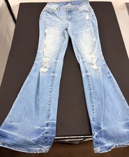 Flamingals Jeans Womens S Distressed Extreme Flare Bell Bottom Y2K Light Wash picture