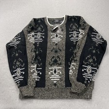 VINTAGE Grandpa Sweater Mens Large Beige Black Loud Knit Crewneck DEADSTOCK 80s picture