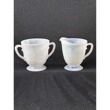 MacBeth Evans Monax American Sweetheart Creamer Sugar Set Blue White Glass 1930s picture