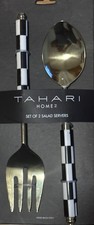 Tahari Home Kitchen Black White Gold Checkered Salad Serving Set Spoon Fork New  picture