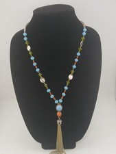 LOFT gold/silver tone multicolor beads cabachons rhinestones tassels necklace picture