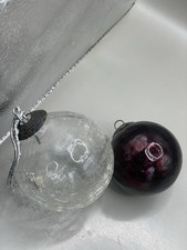 VTG Kugel Midwest Purple And Clear White Crackle Glass TWO Christmas Ornaments picture