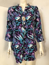 Rockmans New Womens 10 Popover Tunic Top Teal Purple Black Floral 3/4 Sleeve picture