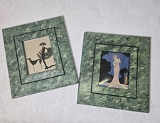 Vintage 1980s Handpainted Faux Marble Erte Art Deco Framed Pair Folk Art picture