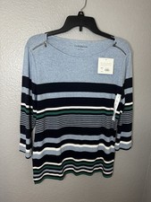 NWT Croft & Barrow Womens Top Large Blue Striped Zipper Shoulder 3/4 Sleeve Tee picture