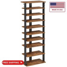 HOOBRO 10 Tiers Vertical Shoe Rack, Wooden Shoe Storage Organizer with Hooks, Na picture