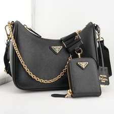 * PRADA Re-Edition 2005 Black Gold Saffiano Leather Shoulder Bag with Pouch picture