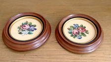 A Pair of Vtg  Needlepoint Florals in Round Wood Frames Beautifully Done 5.5x5.5 picture