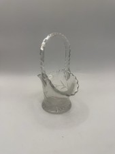Vintage Clear Pressed Glass Basket Scalloped Rim Starburst Handle Candy Dish * picture
