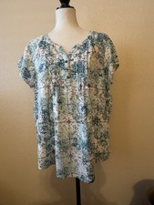 Sonoma Womens Green Multi Henley Pintuck Pleated Short Sleeve Top Blouse Size L picture