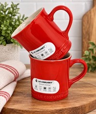 2 X  Le Creuset Stoneware Vancouver Coffee Mugs 14oz RARE Carmin Red Orange NWT picture