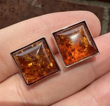 Vintage 925 Sterling Silver Amber Square Stud Earrings 13mm 4.7g picture