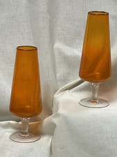 MCM Amber / Orange Vase Glass 8” Tall Vintage Glassware On Stem Fast Shipping picture
