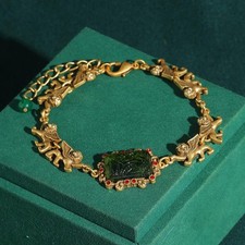 Vintage Green Glass Bracelet Square Relief Lion Gold Plated Luxury Designer Gift picture