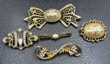 Vintage 1928 Brooch Lot Floral Cameo Rhinestone Pearl Bow Set of 5 Gold Tone picture