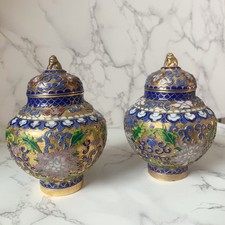 Vintage Chinese Cloisonné Ginger Jar Chrysanthemum Enamel Brass Foo Dog Set 2    picture