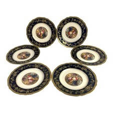 Antique Set of 6 Spode Copeland Cobalt Blue Gold Trim Fruit Grapes Lunch Plates picture