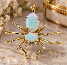 Vintage 14K Gold Natural Opal Diamond Spider Brooch Pendant 2.08g Estate picture