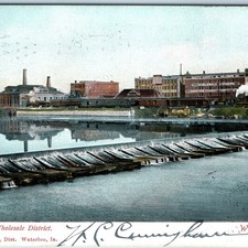 c1900s Waterloo, IA Cedar River Dam Wholesale District Train Depot Postcard DB picture