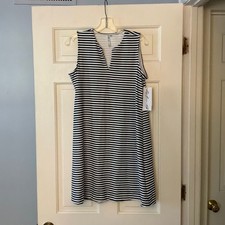 Lulu-B Open Cut Dress Navy Blue Stripe M NEW Travel Cooling UPF 50 Beach picture