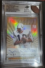 1999 Donruss Elite Johnny Unitas Peyton Manning Cut Auto BGS Playoff used 1970 picture