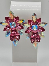 VINTAGE Pink Aurora Borealis Glass Rhinestone Large Statement Earrings Clip picture