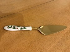 Vtg Christmas Holly Berry Cake Pie Server Gold Plated Stainless Porcelain Handle picture