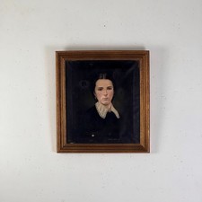 Antique Mid-Late 19th C Oil on Canvas Painting of Young Woman In High Neck Dress picture